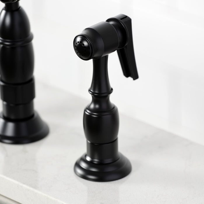 Kingston Heirloom KS1270PKXBS - Duchess Two-Handle 4-Hole Deck Mount Bridge Kitchen Faucet with Brass Sprayer, Matte Black