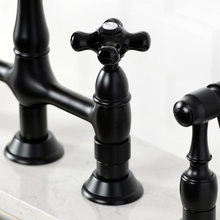 Kingston Heirloom KS1270PKXBS - Duchess Two-Handle 4-Hole Deck Mount Bridge Kitchen Faucet with Brass Sprayer, Matte Black