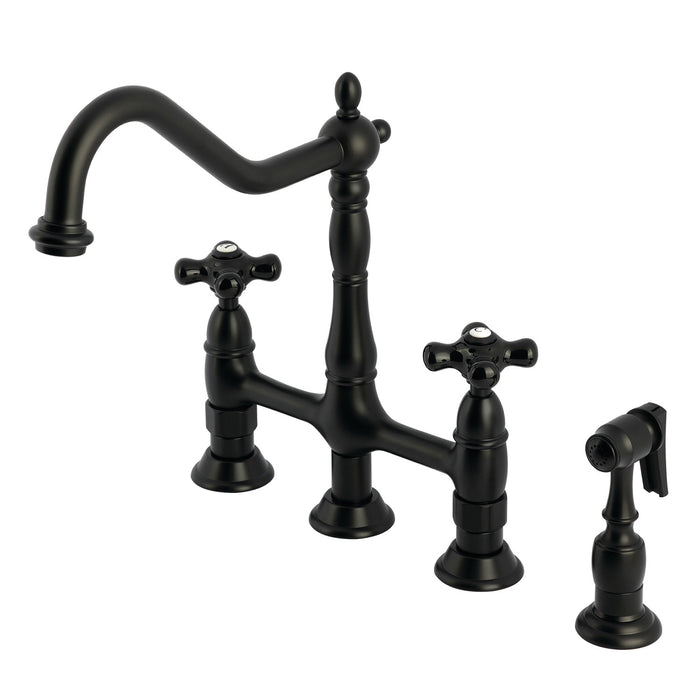Kingston Heirloom KS1270PKXBS - Duchess Two-Handle 4-Hole Deck Mount Bridge Kitchen Faucet with Brass Sprayer, Matte Black