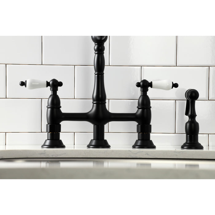 Kingston Heirloom KS1270PLBS - Heritage Two-Handle 4-Hole Deck Mount Bridge Kitchen Faucet with Brass Sprayer, Matte Black