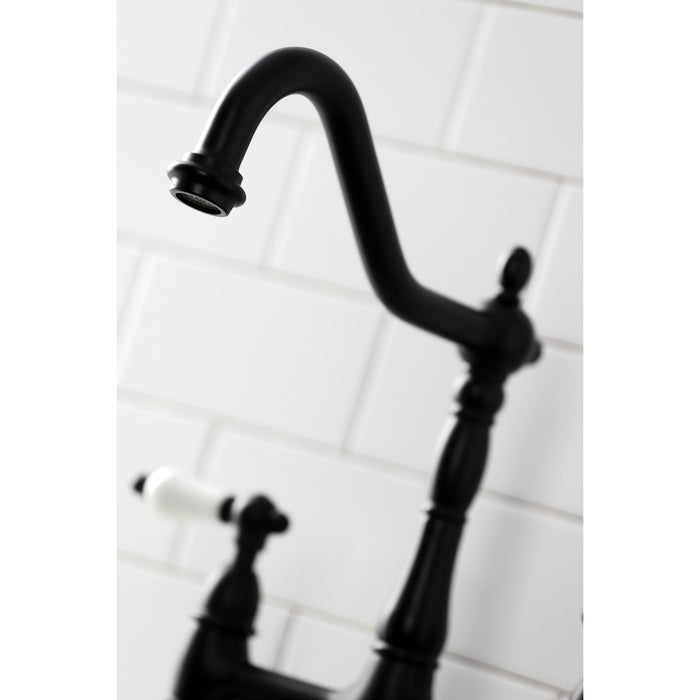 Kingston Heirloom KS1270PLBS - Heritage Two-Handle 4-Hole Deck Mount Bridge Kitchen Faucet with Brass Sprayer, Matte Black