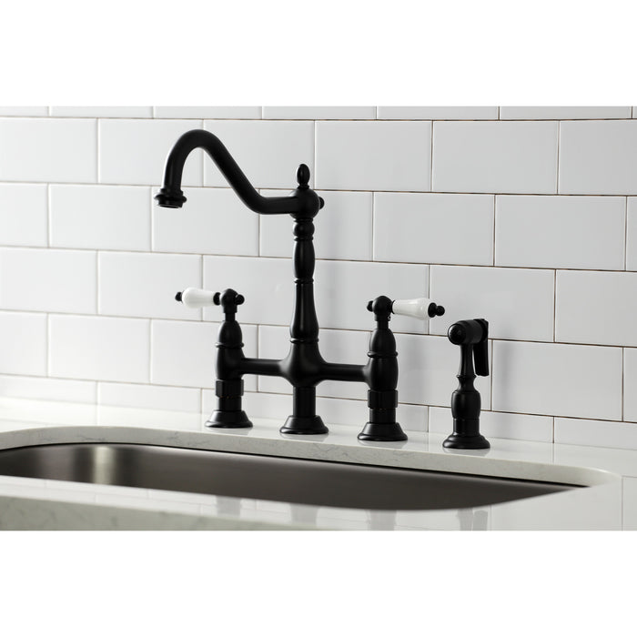 Kingston Heirloom KS1270PLBS - Heritage Two-Handle 4-Hole Deck Mount Bridge Kitchen Faucet with Brass Sprayer, Matte Black