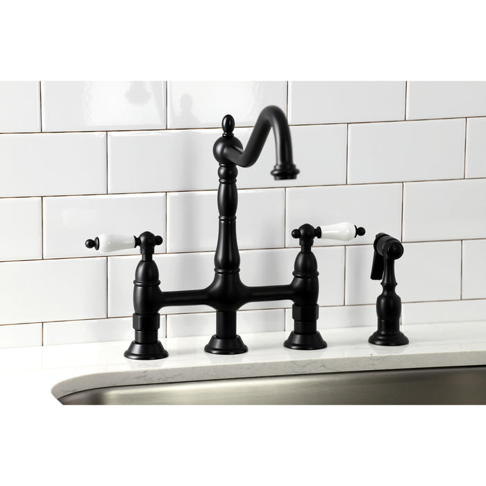 Kingston Heirloom KS1270PLBS - Heritage Two-Handle 4-Hole Deck Mount Bridge Kitchen Faucet with Brass Sprayer, Matte Black