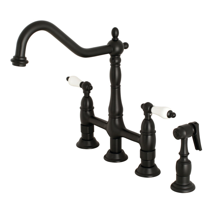 Kingston Heirloom KS1270PLBS - Heritage Two-Handle 4-Hole Deck Mount Bridge Kitchen Faucet with Brass Sprayer, Matte Black