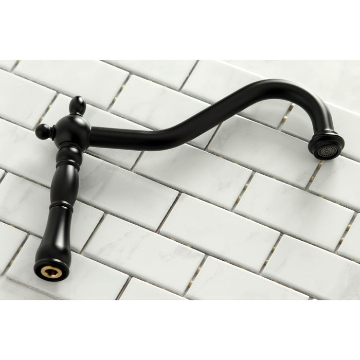 Kingston Heirloom KS1270PXBS - Heritage Two-Handle 4-Hole Deck Mount Bridge Kitchen Faucet with Brass Sprayer, Matte Black