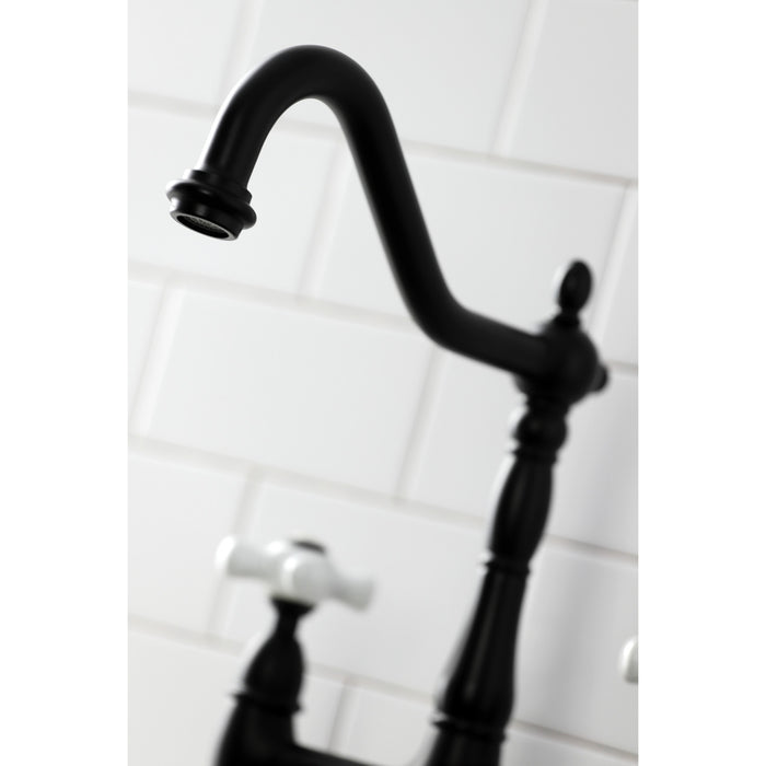 Kingston Heirloom KS1270PXBS - Heritage Two-Handle 4-Hole Deck Mount Bridge Kitchen Faucet with Brass Sprayer, Matte Black
