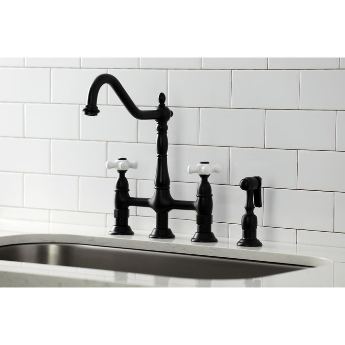 Kingston Heirloom KS1270PXBS - Heritage Two-Handle 4-Hole Deck Mount Bridge Kitchen Faucet with Brass Sprayer, Matte Black