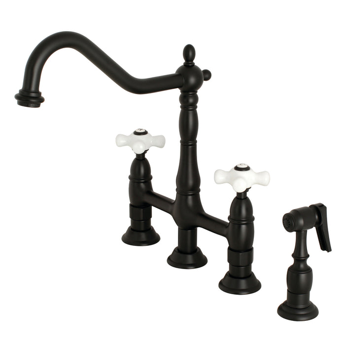 Kingston Heirloom KS1270PXBS - Heritage Two-Handle 4-Hole Deck Mount Bridge Kitchen Faucet with Brass Sprayer, Matte Black