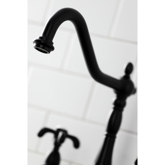Kingston Heirloom KS1270TXBS - French Country Two-Handle 4-Hole Deck Mount Bridge Kitchen Faucet with Brass Sprayer, Matte Black