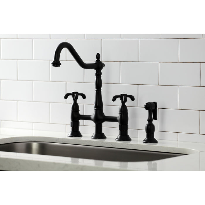 Kingston Heirloom KS1270TXBS - French Country Two-Handle 4-Hole Deck Mount Bridge Kitchen Faucet with Brass Sprayer, Matte Black
