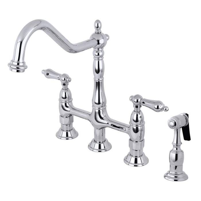Heritage KS1271ALBS Two-Handle 4-Hole Deck Mount Bridge Kitchen Faucet with Brass Sprayer, Polished Chrome