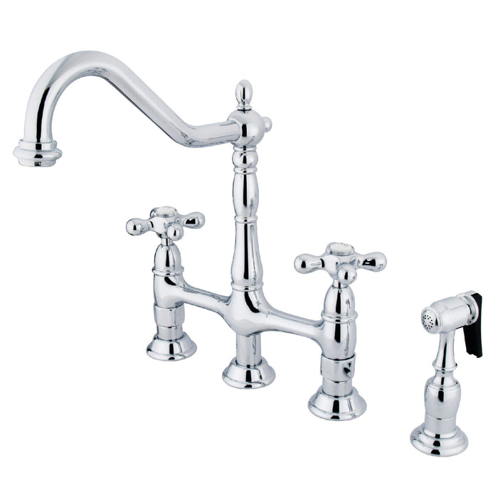 Heritage KS1271AXBS Two-Handle 4-Hole Deck Mount Bridge Kitchen Faucet with Brass Side Sprayer, Polished Chrome
