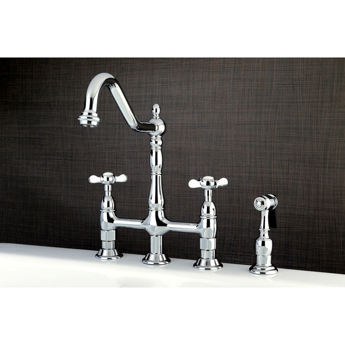 Kingston Heirloom KS1271BEXBS - Essex Two-Handle 4-Hole Deck Mount Bridge Kitchen Faucet with Brass Sprayer, Polished Chrome