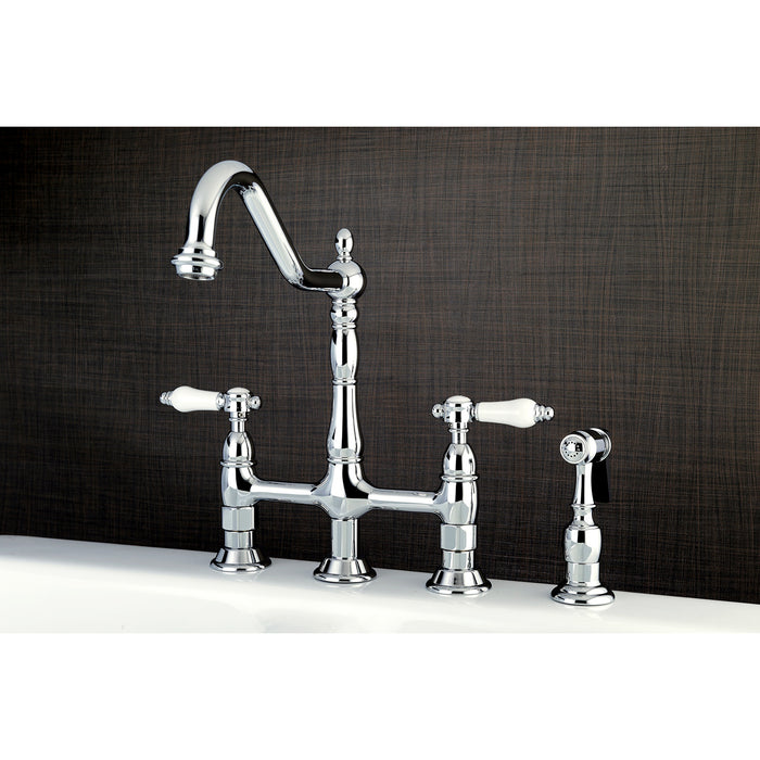Kingston Heirloom KS1271BPLBS - Bel-Air Two-Handle 4-Hole Deck Mount Bridge Kitchen Faucet with Brass Sprayer, Polished Chrome
