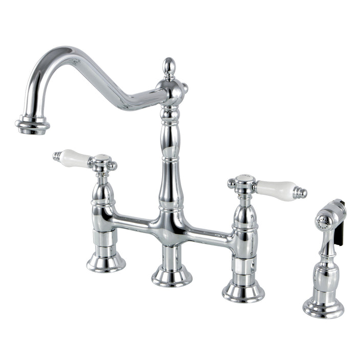 Kingston Heirloom KS1271BPLBS - Bel-Air Two-Handle 4-Hole Deck Mount Bridge Kitchen Faucet with Brass Sprayer, Polished Chrome