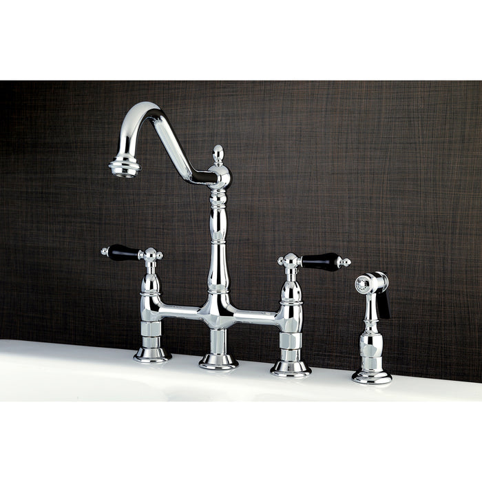 Kingston Heirloom KS1271PKLBS - Duchess Two-Handle 4-Hole Deck Mount Bridge Kitchen Faucet with Brass Sprayer, Polished Chrome