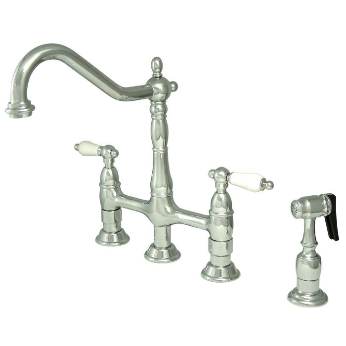 Kingston Heirloom KS1271PLBS - Heritage Two-Handle 4-Hole Deck Mount Bridge Kitchen Faucet with Brass Sprayer, Polished Chrome