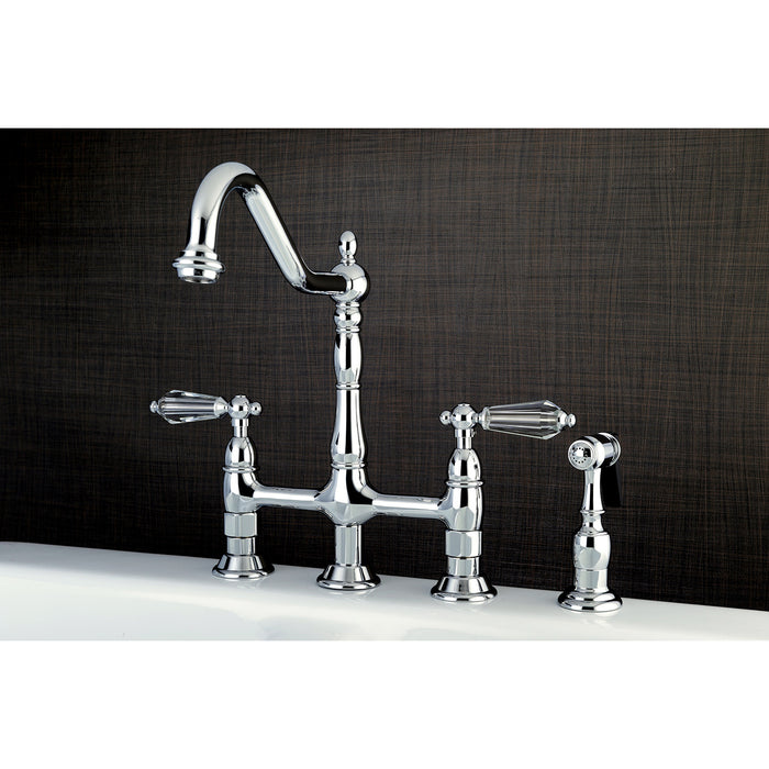 Kingston Heirloom KS1271WLLBS - Wilshire Two-Handle 4-Hole Deck Mount Bridge Kitchen Faucet with Brass Sprayer, Polished Chrome