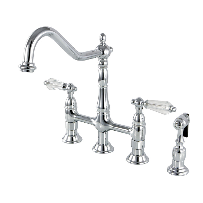 Kingston Heirloom KS1271WLLBS - Wilshire Two-Handle 4-Hole Deck Mount Bridge Kitchen Faucet with Brass Sprayer, Polished Chrome