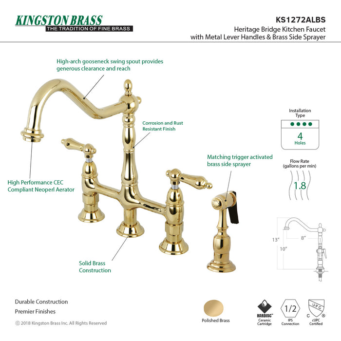 Heritage KS1272ALBS Two-Handle 4-Hole Deck Mount Bridge Kitchen Faucet with Brass Sprayer, Polished Brass