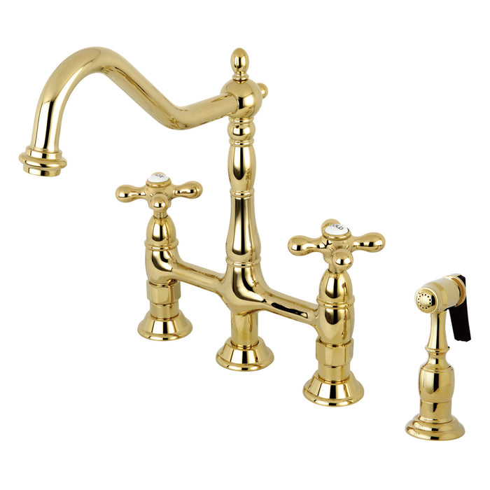 Heritage KS1272AXBS Two-Handle 4-Hole Deck Mount Bridge Kitchen Faucet with Brass Sprayer, Polished Brass