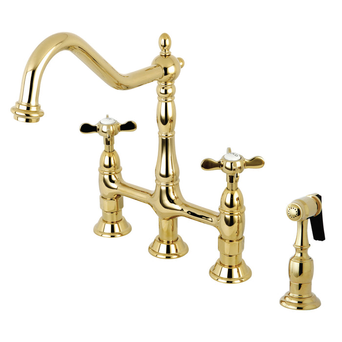 Kingston Heirloom KS1272BEXBS - Essex Two-Handle 4-Hole Deck Mount Bridge Kitchen Faucet with Brass Sprayer, Polished Brass