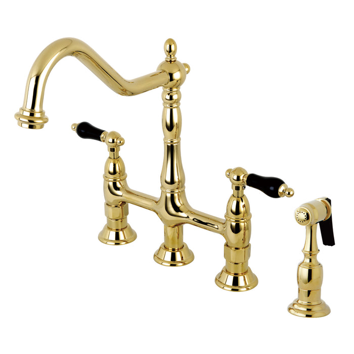 Kingston Heirloom KS1272PKLBS - Duchess Two-Handle 4-Hole Deck Mount Bridge Kitchen Faucet with Brass Sprayer, Polished Brass