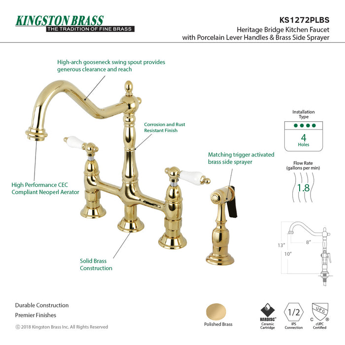 Kingston Heirloom KS1272PLBS - Heritage Two-Handle 4-Hole Deck Mount Bridge Kitchen Faucet with Brass Sprayer, Polished Brass