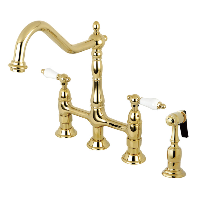 Kingston Heirloom KS1272PLBS - Heritage Two-Handle 4-Hole Deck Mount Bridge Kitchen Faucet with Brass Sprayer, Polished Brass