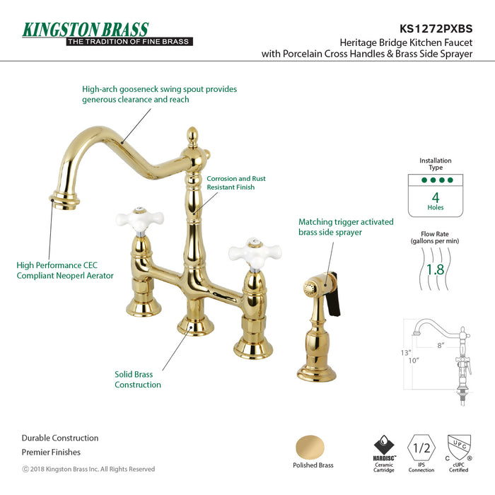 Heritage KS1272PXBS Two-Handle 4-Hole Deck Mount Bridge Kitchen Faucet with Brass Sprayer, Polished Brass