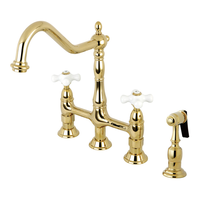 Kingston Heirloom KS1272PXBS - Heritage Two-Handle 4-Hole Deck Mount Bridge Kitchen Faucet with Brass Sprayer, Polished Brass