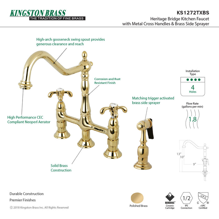 French Country KS1272TXBS Two-Handle 4-Hole Deck Mount Bridge Kitchen Faucet with Brass Sprayer, Polished Brass