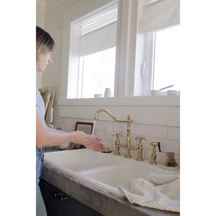 Kingston Heirloom KS1272TXBS - French Country Two-Handle 4-Hole Deck Mount Bridge Kitchen Faucet with Brass Sprayer, Polished Brass
