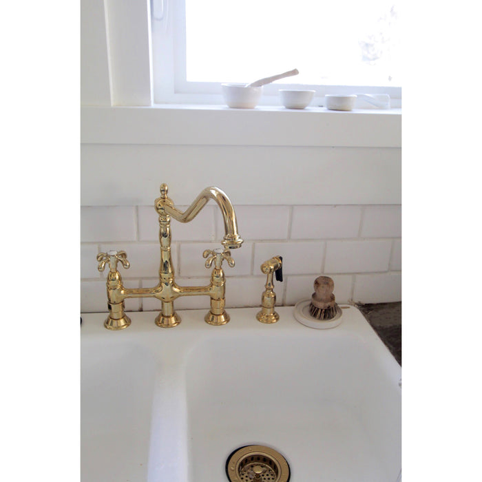 Kingston Heirloom KS1272TXBS - French Country Two-Handle 4-Hole Deck Mount Bridge Kitchen Faucet with Brass Sprayer, Polished Brass