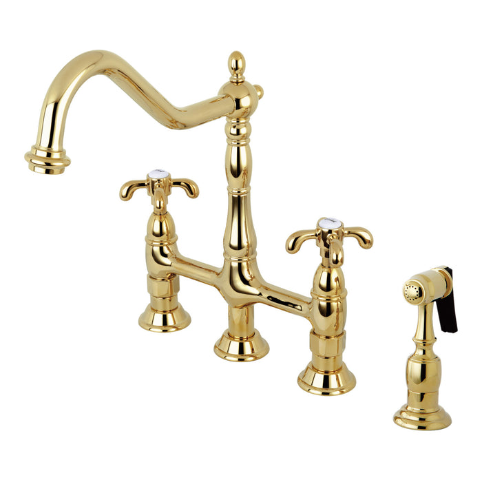 Kingston Heirloom KS1272TXBS - French Country Two-Handle 4-Hole Deck Mount Bridge Kitchen Faucet with Brass Sprayer, Polished Brass