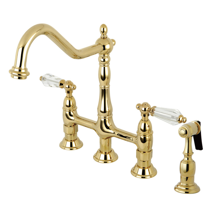 Wilshire KS1272WLLBS Two-Handle 4-Hole Deck Mount Bridge Kitchen Faucet with Brass Sprayer, Polished Brass