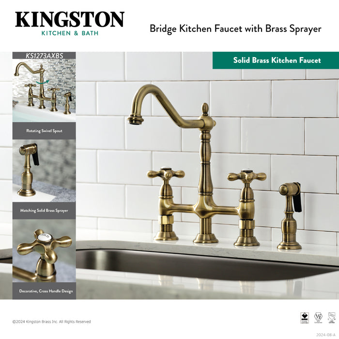 Kingston Heirloom KS1273AXBS - Heritage Two-Handle 4-Hole Deck Mount Bridge Kitchen Faucet with Brass Sprayer, Antique Brass