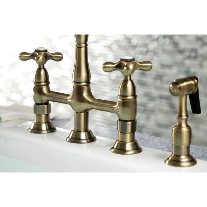 Kingston Heirloom KS1273AXBS - Heritage Two-Handle 4-Hole Deck Mount Bridge Kitchen Faucet with Brass Sprayer, Antique Brass