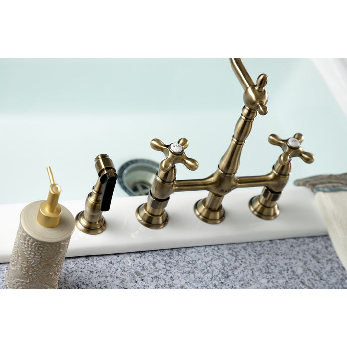 Kingston Heirloom KS1273AXBS - Heritage Two-Handle 4-Hole Deck Mount Bridge Kitchen Faucet with Brass Sprayer, Antique Brass
