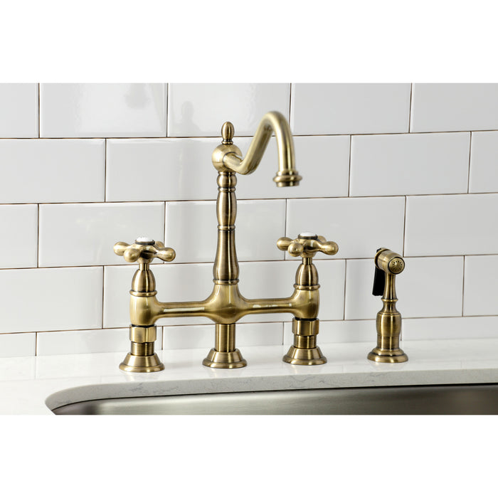 Kingston Heirloom KS1273AXBS - Heritage Two-Handle 4-Hole Deck Mount Bridge Kitchen Faucet with Brass Sprayer, Antique Brass