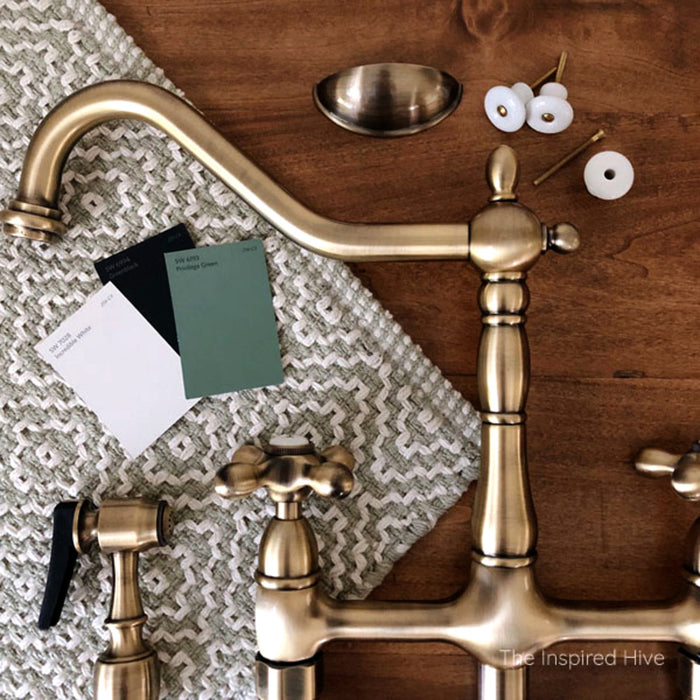 Kingston Heirloom KS1273AXBS - Heritage Two-Handle 4-Hole Deck Mount Bridge Kitchen Faucet with Brass Sprayer, Antique Brass