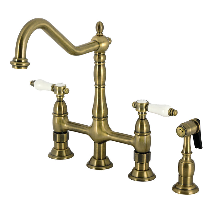 Kingston Heirloom KS1273BPLBS - Bel-Air Two-Handle 4-Hole Deck Mount Bridge Kitchen Faucet with Brass Sprayer, Antique Brass