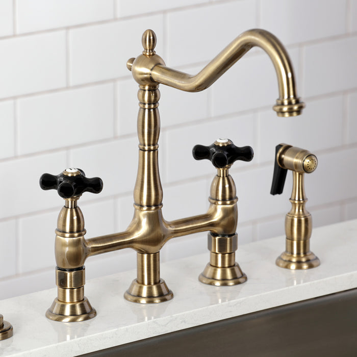 Kingston Heirloom KS1273PKXBS - Duchess Two-Handle 4-Hole Deck Mount Bridge Kitchen Faucet with Brass Sprayer, Antique Brass