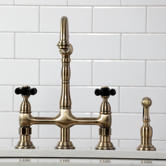Kingston Heirloom KS1273PKXBS - Duchess Two-Handle 4-Hole Deck Mount Bridge Kitchen Faucet with Brass Sprayer, Antique Brass