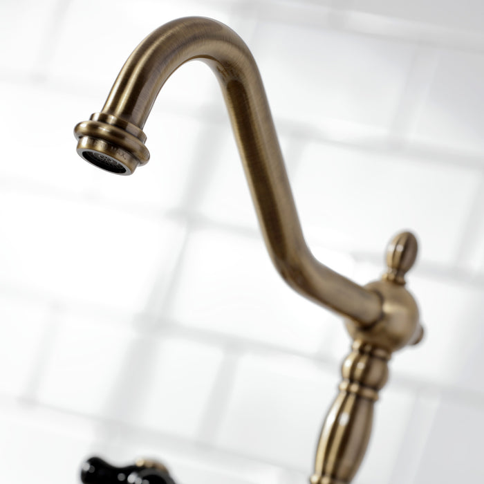 Kingston Heirloom KS1273PKXBS - Duchess Two-Handle 4-Hole Deck Mount Bridge Kitchen Faucet with Brass Sprayer, Antique Brass
