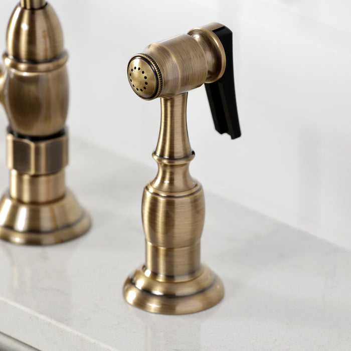Kingston Heirloom KS1273PKXBS - Duchess Two-Handle 4-Hole Deck Mount Bridge Kitchen Faucet with Brass Sprayer, Antique Brass