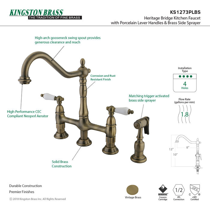 Kingston Heirloom KS1273PLBS - Heritage Two-Handle 4-Hole Deck Mount Bridge Kitchen Faucet with Brass Sprayer, Antique Brass