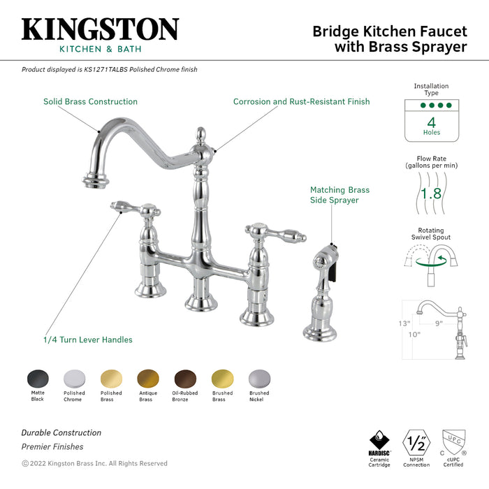 Kingston Heirloom KS1273TALBS - Tudor Two-Handle 4-Hole Deck Mount Bridge Kitchen Faucet with Brass Sprayer, Antique Brass