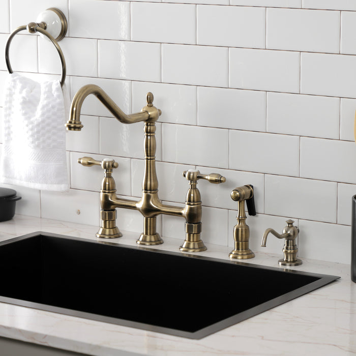 Kingston Heirloom KS1273TALBS - Tudor Two-Handle 4-Hole Deck Mount Bridge Kitchen Faucet with Brass Sprayer, Antique Brass