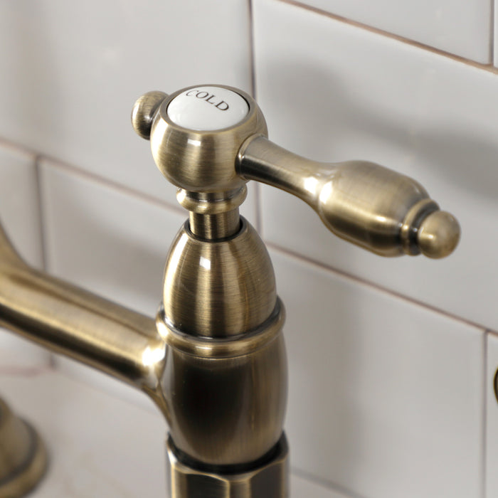 Kingston Heirloom KS1273TALBS - Tudor Two-Handle 4-Hole Deck Mount Bridge Kitchen Faucet with Brass Sprayer, Antique Brass